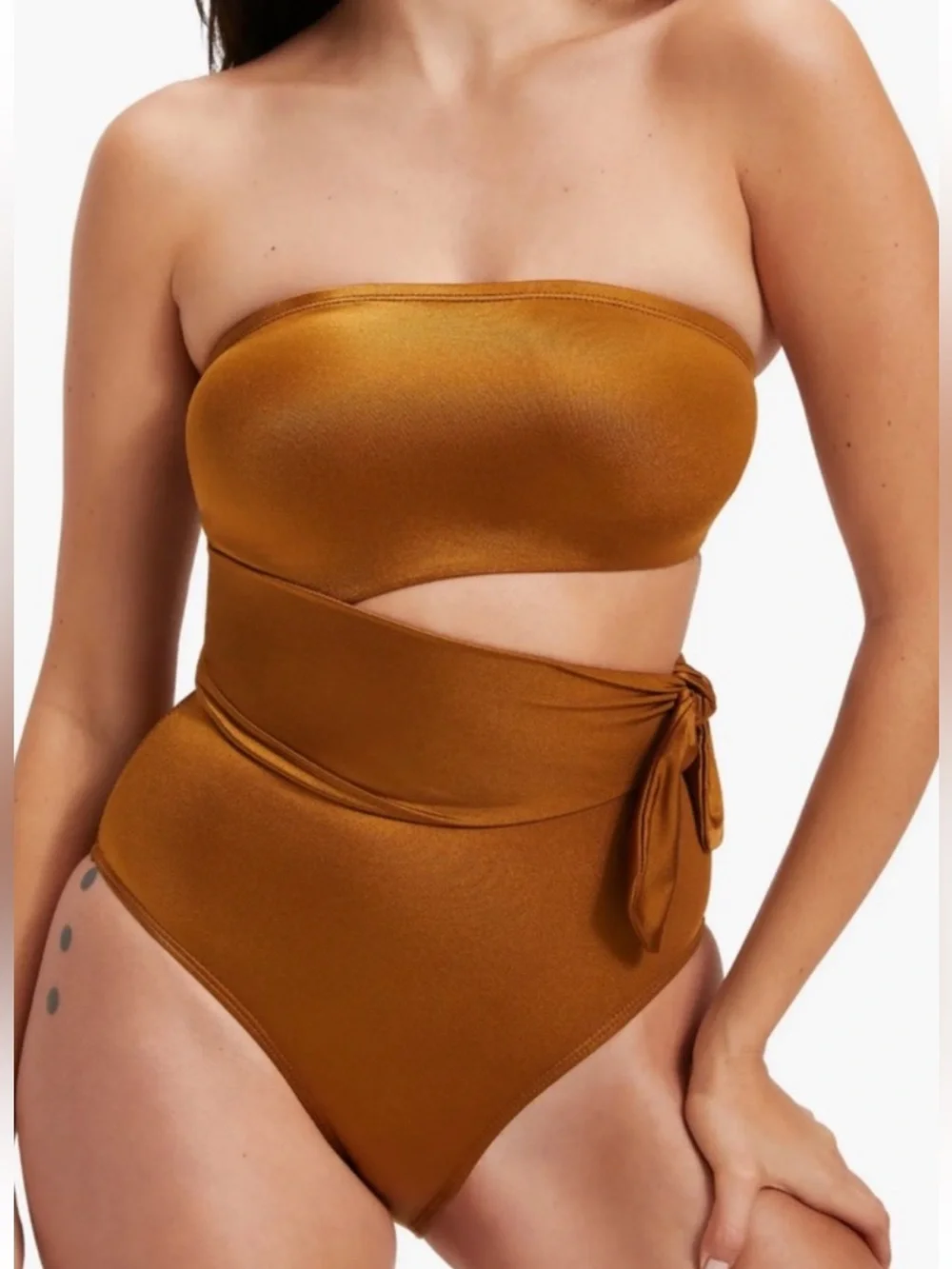 Good American Strapless One-Shoulder Cutout High-Waist Swimsuit — Bronze Brown